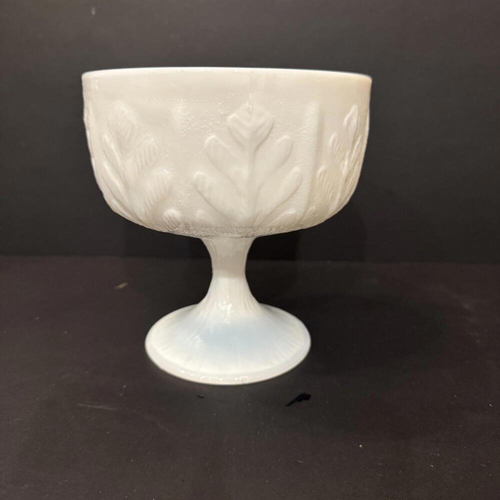 Milk Glass Pedestal Planter Vase or Compote Oak Leaf Pattern 1978 5 7/8” Tall